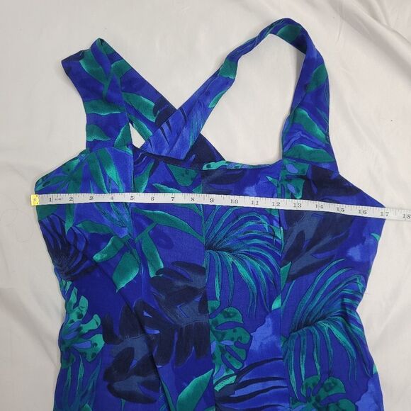 VINTAGE 90s dress blue tropical print criss cross back midi M - Picture 6 of 8
